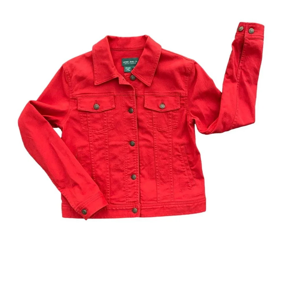 Lauren Jeans Co. Ralph Lauren Y2K Vintage Red Denim Trucker Jean Jacket Preppy-S - Picture 11 of 13